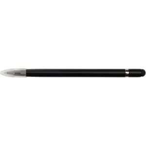 A black aluminum inkless pen with a transparent cap and a sleek, minimalist design. It features a logo.