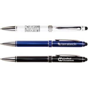 Three metal pens are displayed: a white one with a design, a blue pen, and a black pen, each featuring a logo.