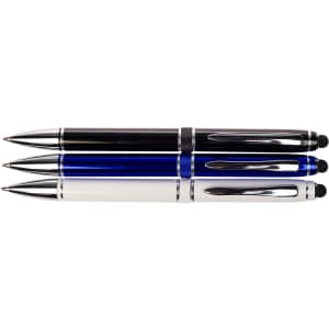 A set of three Columbia Aluminium Pens in black, blue, and white, featuring chrome accents and a sleek design.
