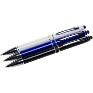 Three metal pens in white, blue, and black, featuring silver accents and a branding logo.