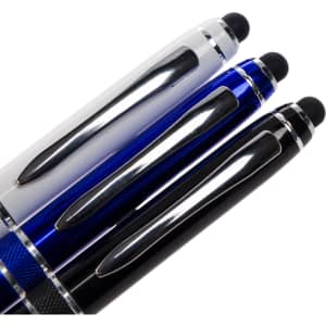 Columbia Aluminium Pens in white, blue, and black, each featuring a touch screen stylus tip and a sleek metallic design.