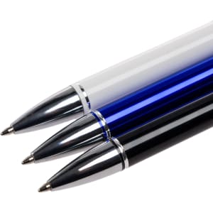 A set of three Columbia Aluminium Pens in different colors: clear, blue, and black, featuring sleek metal accents.