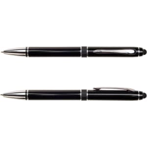 A metal pen set featuring sleek black finishes with silver detailing and a logo.