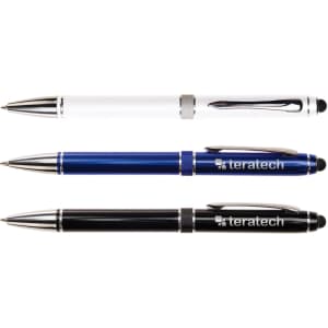 A set of three Columbia Aluminium Pens in white, blue, and black, featuring a logo on the blue and black pens.