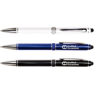 A set of three Columbia Aluminium Pens in white, blue, and black, featuring silver accents and logos.