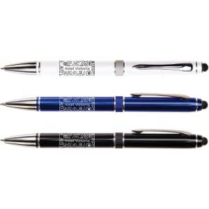 Three metal pens in white, blue, and black, each featuring a logo and a shiny finish.
