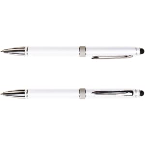 A metal pen with a sleek white body and chrome accents, featuring a smooth writing tip and a stylus for touchscreens.