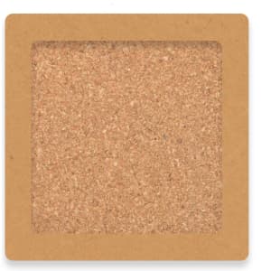 A cork square coaster set featuring a natural cork texture and a brown border, includes four coasters in total.