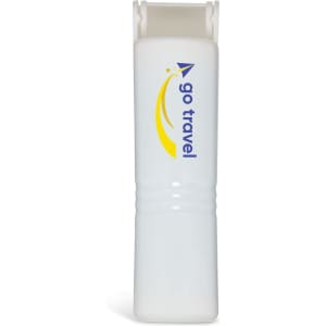 A white mini lint roller featuring a curved, sleek design and a logo.