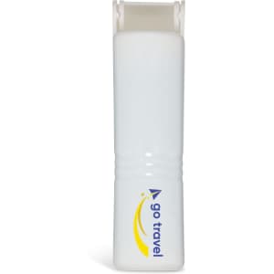 A white mini lint roller with a logo, featuring a compact, travel-friendly design.