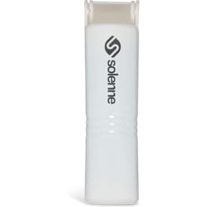 A white mini lint roller with a logo, featuring a compact design ideal for quick lint removal.