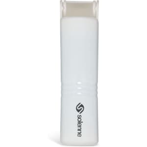 A white mini lint roller with a logo, featuring a compact design for easy handling.