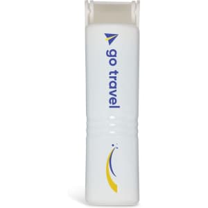 A white mini lint roller with a branding logo. The design is compact and travel-friendly.