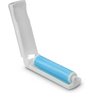 A mini lint roller in white and blue, with a protective cover opened to reveal the roller.