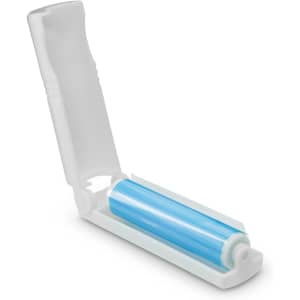 A mini lint roller with a transparent blue adhesive sheet housed in a white casing.