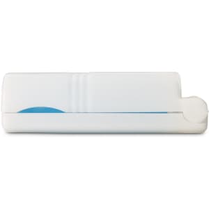 A mini lint roller in a white casing with a blue adhesive strip and a circular end. It features a logo.