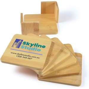 Set of six bamboo coasters in a natural finish, featuring a logo on one side and a holder.