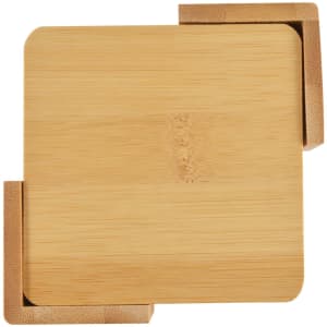 A set of six bamboo coasters in a natural wood color with a simple, square design and a branding logo.