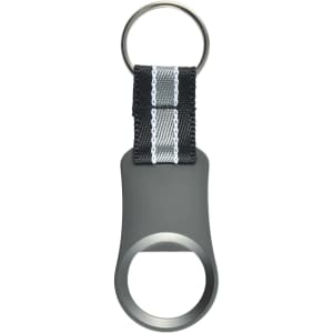 A drink bottle opener in matte grey with a black and white striped strap and a keyring attachment.