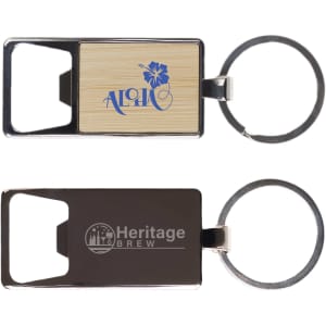 A drink bottle opener keyring featuring a bamboo front and a metal back, with logos on both sides.