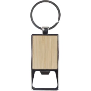 A drink bottle opener keytag with a rectangular wooden panel and a silver metal keyring.