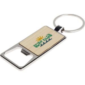 A drink bottle opener keytag with a bamboo and silver design, featuring a logo.