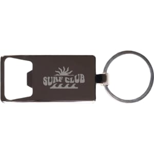 A drink bottle opener keytag in silver with a round keyring and a surf club logo.