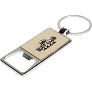 A drink bottle opener keytag with a stainless steel base and a wooden inlay featuring a sun design.