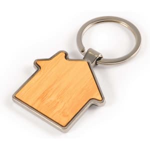 A house-shaped keytag made of bamboo with a zinc metal frame and a keyring attachment.