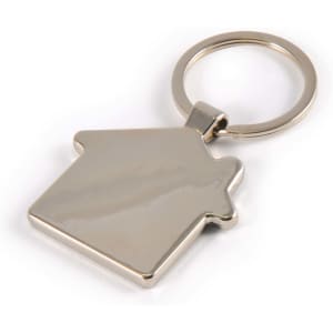 A zinc keytag shaped like a house, featuring a shiny metallic finish and a keyring attachment.