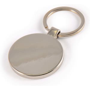 A circular zinc keytag with a shiny metallic finish and a metal keyring attached.