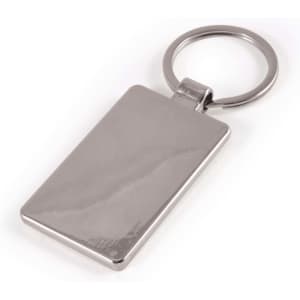A rectangle-shaped zinc keytag with a shiny finish, attached to a circular keyring.