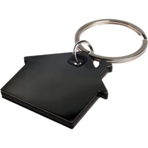 A house-shaped stainless steel keytag with a keyring attached.