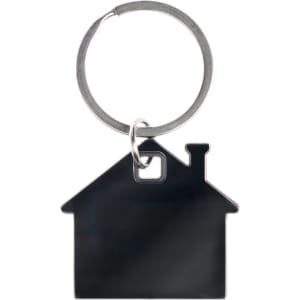 A stainless steel keytag shaped like a house, featuring a keyring attachment for easy carrying.
