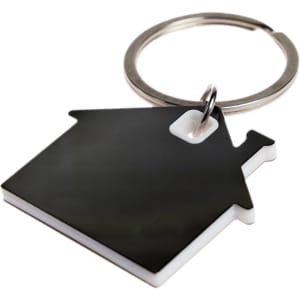 A house-shaped stainless steel keytag with a silver keyring.