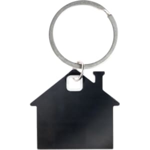 A house-shaped stainless steel keytag with a metal ring for attachment.