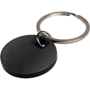 A Circle Stainless Steel Keytag with a smooth, round design and a sturdy metal key ring attachment.