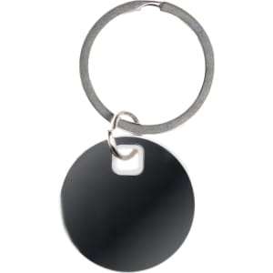 A circular black stainless steel keytag attached to a silver key ring.