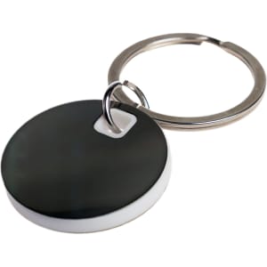 A circular stainless steel keytag featuring a black and white design, attached to a metal keyring.