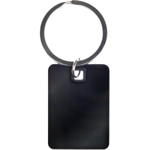 A rectangle stainless steel keytag featuring a sleek black design and a metal keyring for attachment.