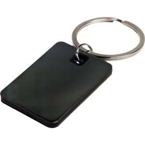 A rectangle stainless steel keytag with a sleek black finish and a metal keyring attached.