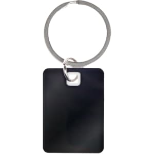 A rectangle stainless steel keytag with a smooth black surface, attached to a metal keyring.