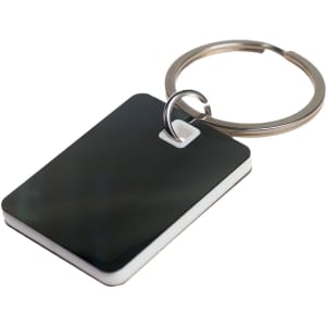 A rectangle stainless steel keytag featuring a sleek design with a shiny finish and a metal keyring for attachment.