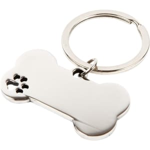 A silver dog bone keytag with a keyring attachment. The tag is shaped like a bone, featuring a pet paw design.