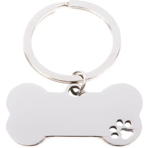A silver keytag in the shape of a dog bone with a paw print design. It features a split ring for attachment.