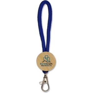 A blue keytag with a wooden circular pendant featuring a logo, attached to a metal clasp.