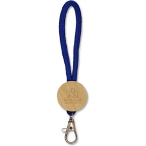 A blue keytag featuring a bamboo circular attachment and a metal clip for easy fastening.