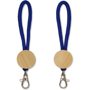 Two keytags with a round wooden disc and a navy blue fabric strap, featuring a metal clip for attachment.