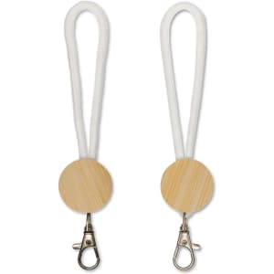 A bamboo keytag with a white loop and silver clasp, designed for easy attachment and carry.