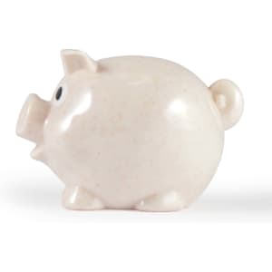 A cream-colored piggy bank with a round body, small ears, and a tail, featuring a cartoonish eye.